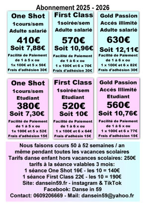 Tarifs abonnement annuel Danse in lille 