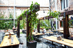 Courtyard café interior design at The Lucky Hotel, Newcastle – open-air seating, natural greenery, and relaxed layout by Flourish Interior Design.