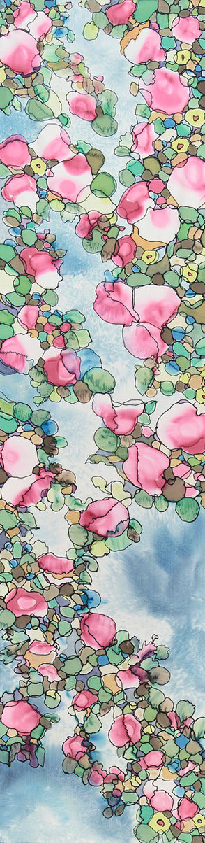"Pink flowers with blue background" silk painting, 180x45