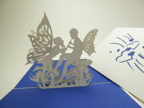 carte pop-up elfes amoureux ivoire et bleu foncé