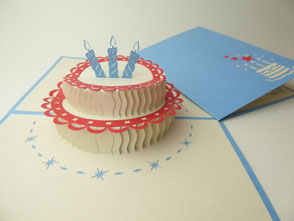carte pop-up gâteau d'anniversaire rouge et bleu
