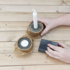 DIY Concrete Candle Holder Tutorial, a wonderfully easy concrete diy with recycled moulds and baking paper to create a tree bark texture! #diy #concrete #modernhome #tutorial #pasinga #blogging