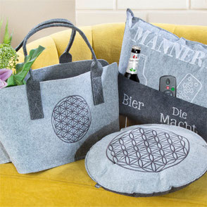 Filztasche und Kissen Blume des Lebens und Männerkissen