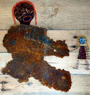 Hilferuf: Fundstück, Nägel, Hanf, Acryl auf Holz, 43 x 40 cm, 2023