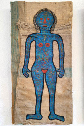 Damenbildnisse (3-teilig): Jute, Holz, Hanf, Acryl auf MDF-Platten, 60,5 x 95 cm, 2023