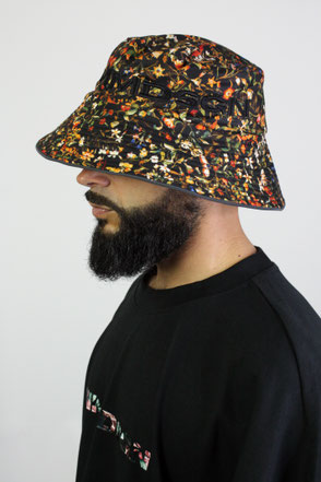 model wearing flower patterned hat 