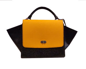 Sac à main en cuir véritable, jaune et noir