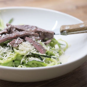 Kerstins Keto, Zoodles mit Avocado Pesto und Steakstreifen