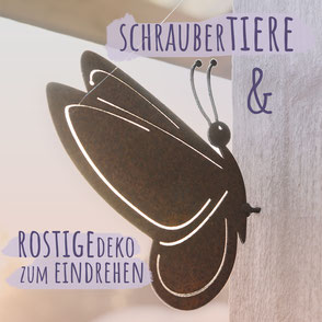 Eichhörnchen aus Metall in Rostoptik vor grüner Landschaft mit Sonnenschein. Bild trägt die Aufschrift "Schraubertiere".