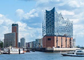 Blick auf Elbphilharmonie und Speicherstadt vom Wasser aus 2026
