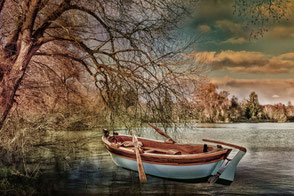 Ruderboot am See unter Trauerweide High Key