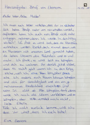 Hausaufgabe zum 13.02.- Brief Eleonore Prohaska schreibt einen fiktiven Brief an ihre Eltern
