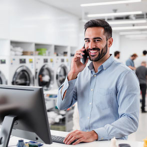 junger Mann mit gepflegtem kurzen Bart und blauem Hemd spricht lächelnd am Telefon an einem Computerarbeitsplatz in einer modernen Wäscherei