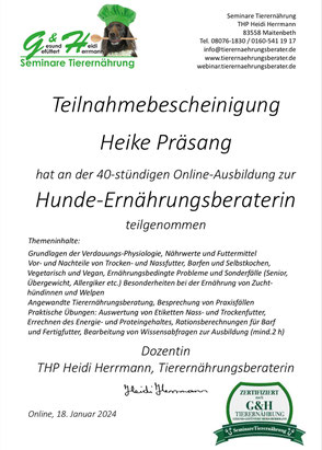 Teiulnahmebescheinigung zur Hunde Ernährungsberaterin Heike Präsang