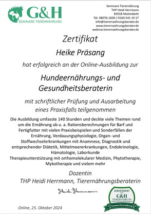 Zertifiktat für Heike Präsang | Hunde Ernährungs- und Gesundheitsberater bei Heidi Herrmann G&H Tierernährung