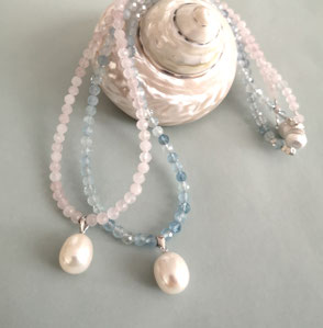 Kette TENDER - Aquamarin oder Rosenquarz mit weißer Perle; Perlenschmuck, Perlenkette, Süßwasserperlen