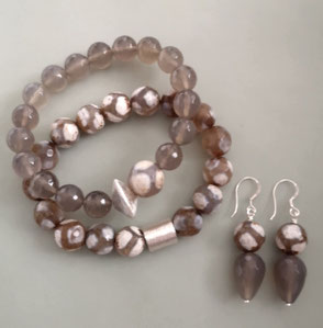 Armbänder und Ohrringe aus div. Achaten mit Sterlingsilber; Perlenschmuck, Perlenkette, Süßwasserperlen