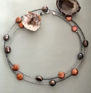  Kette DOUBLE O RSINGLE - Süßwasserperlen in Braun und Kupfer; Perlenschmuck, Armbänder, Ohrringe