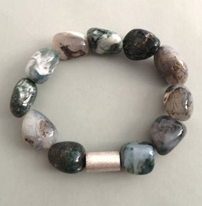 Armband Moosachatnuggets mit Silberwalze; Perlenschmuck, Perlenkette, Perlenarmband
