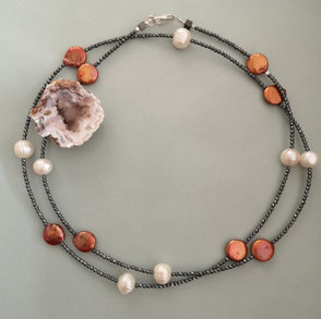  Kette DOUBLE O RSINGLE - Süßwasserperlen in Weiß und Kupfer; Perlenschmuck, Armbänder, Ohrringe