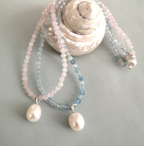  Kette TENDER - Aquamarin und Rosenquarz mit weißer Perle ; Perlenschmuck, Süßwasserperlen, Perlenkette, Perlenarmband