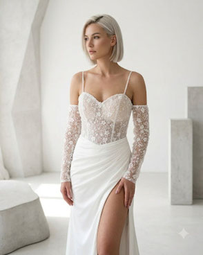 Elegant wedding dress for a military bride during a private fitting near Ramstein Air Base.