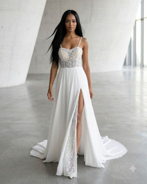 A happy American military bride finding her dream wedding dress in our comfortable boutique.