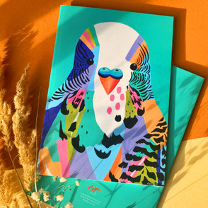 A5 notepad with colorful budgie illustration