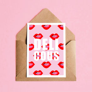 lips with tongue illustration print with delicious text