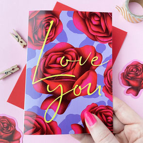 colorful love you greeting card with red roses