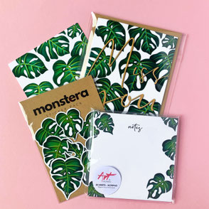 Monstera Bundle - Set of Monstera illustrated greeting card, notepad and sticker