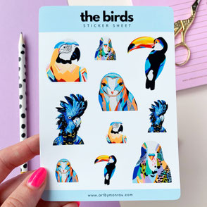 sticker sheet with colorful bird illustrations