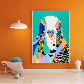 canvas print with colorful budgie illustration