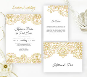 Gold lace wedding invitations