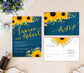 Blue and yellow wedding invitations