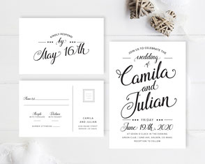 black and white wedding invitations with RSVP postcards