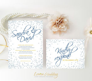 Silver and navy blue wedding invitations