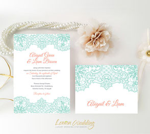 Mint and coral wedding invites