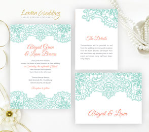 Mint and coral wedding invitation