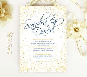 Gold confetti wedding invitations