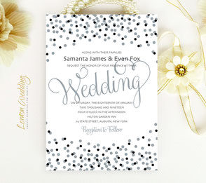 Silver confetti wedding invitations