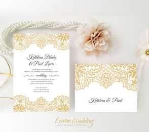 Gold lace wedding invitation cards