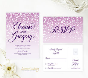 Purple wedding invitations with white confetti