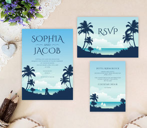 Tropical beach wedding invitations printed on premium paper