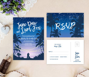 Night beach wedding invitations with string lights