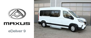 Weißer, rollstuhlgerechter eDeliver 9 der Marke MAXUS mit Linearlift, Einzelsitzen und Smartfloor für die Personenbeförderung.