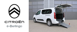 Weißer, rollstuhlgerechter e-Berlingo der Marke Citroen mit Heckausschnitt und EasyFlex Rampe.