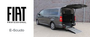 Grauer, rollstuhlgerechter e-Scudo der Marke Fiat mit Heckausschnitt und EasyFlex Rampe.