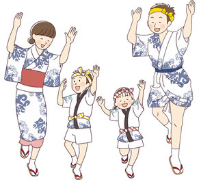 やっさを楽しそうに踊る親子４人のイラスト