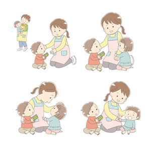 噛みつかれた子どもを慰める保育士のイラスト